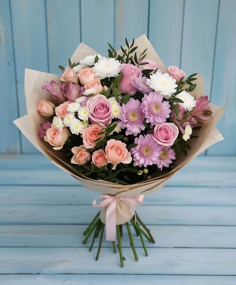 Букет цветов из: Хризантемы, Розы и Альстромерии в Веселом