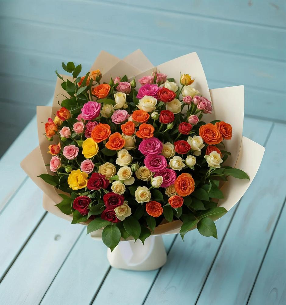 Букет Микс из разноцветных кустовых роз в Веселом