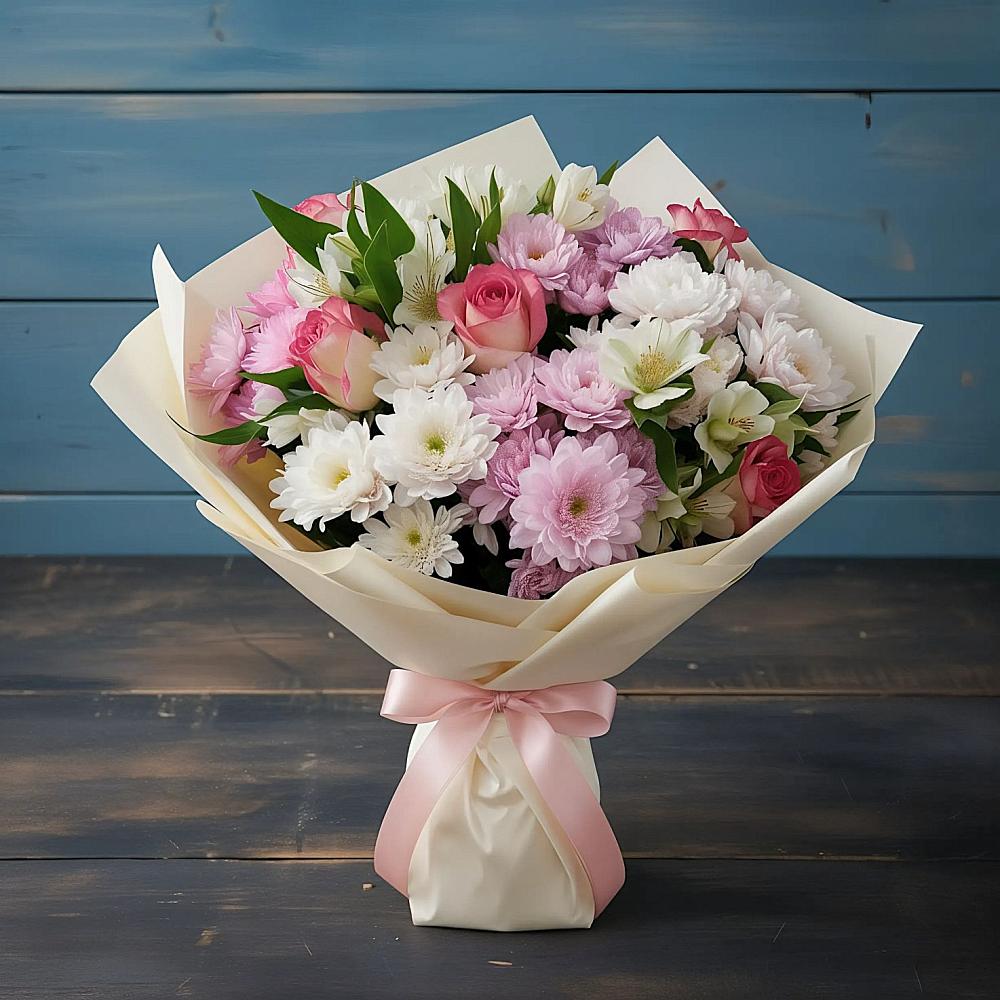 Букет цветов из: Хризантемы, Альстромерии и Розы в Веселом